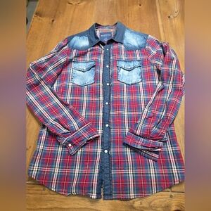 Men's Red Plaid Denim Shirt